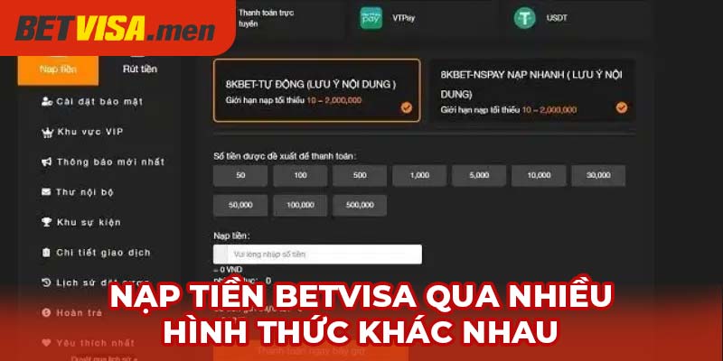 Nạp Tiền Betvisa - Phương Thức Thanh Toán Linh Hoạt 2 Nạp tiền Betvisa qua nhiều hình thức khác nhau